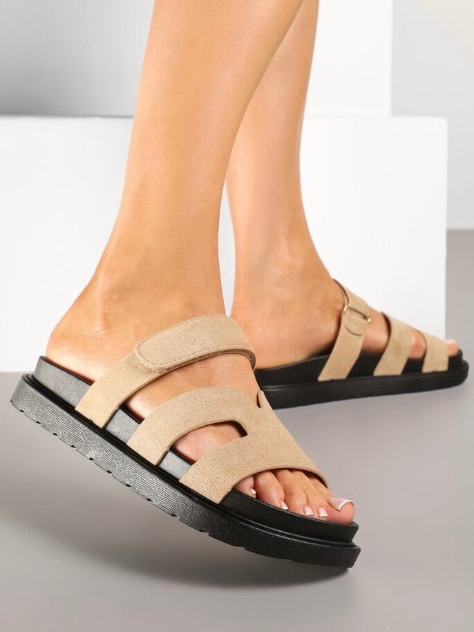 Beige Velcro Slider Sandals