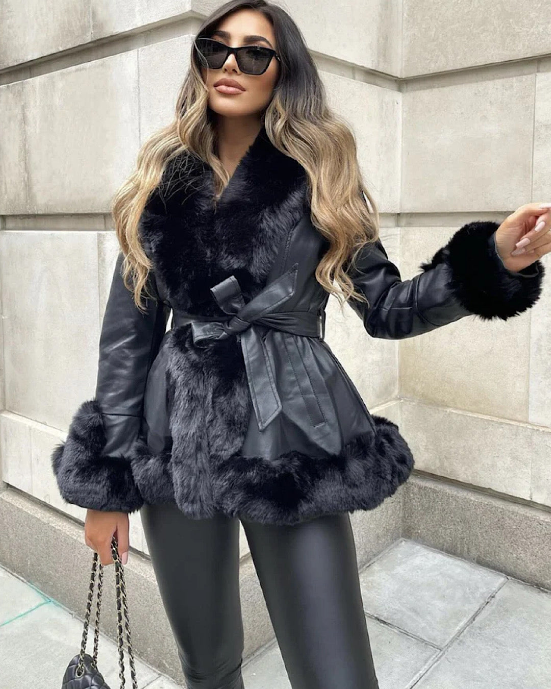 Black Belted Faux Leather/Fur Jacket