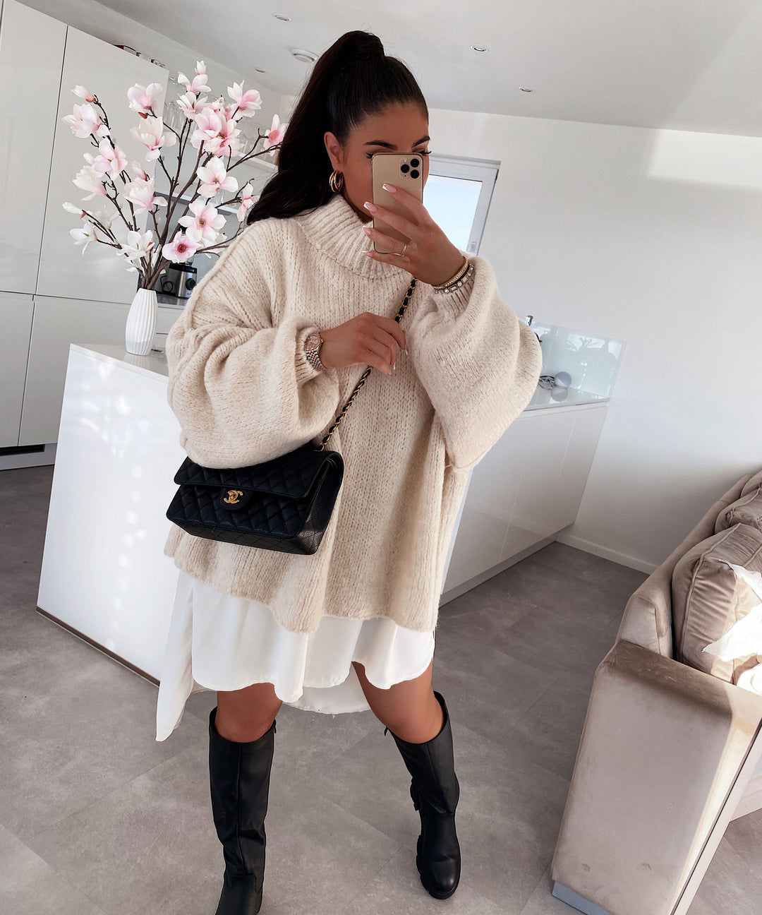 Beige Oversized Knit Dress