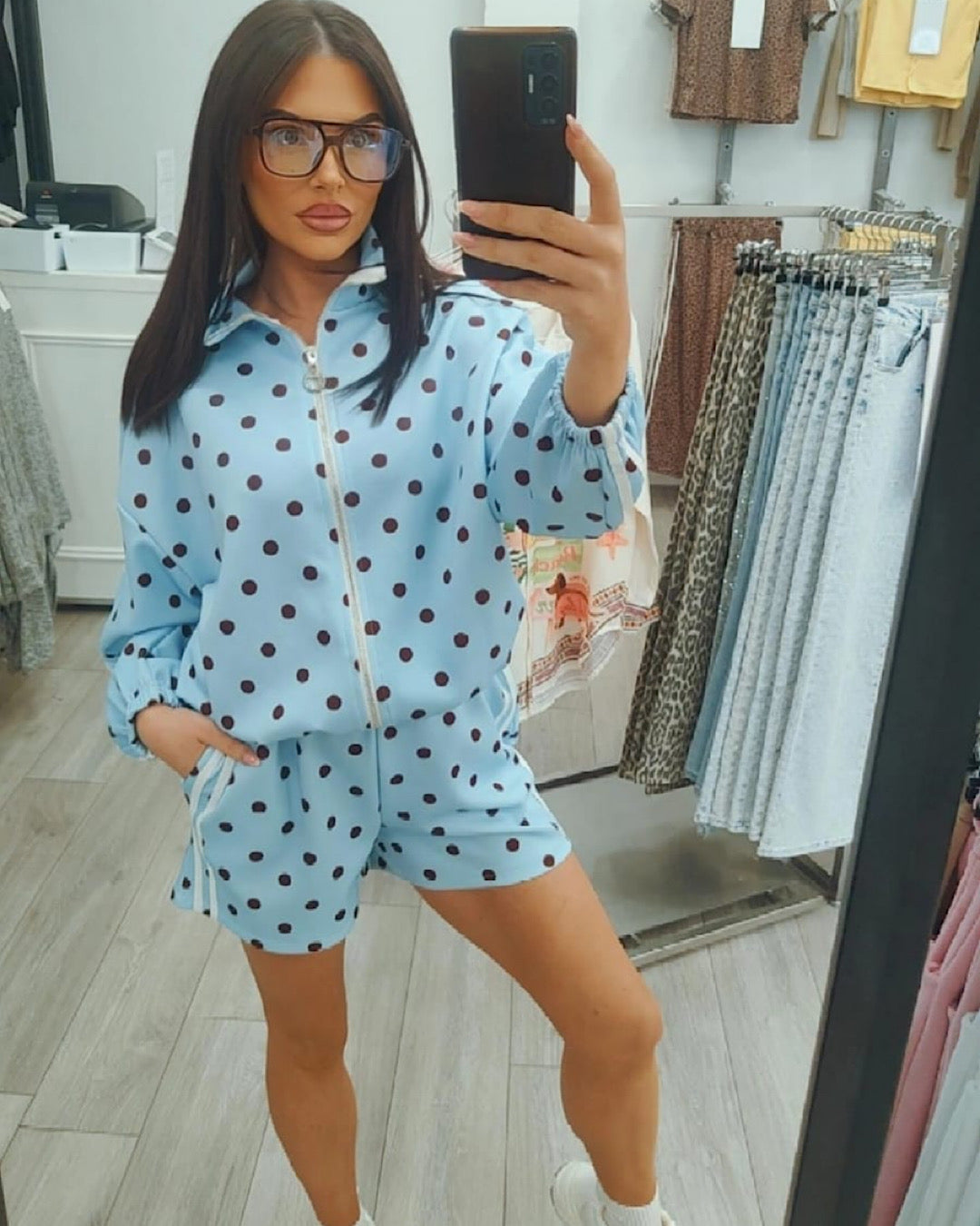 Blue Polka Zip Jacket & Shorts