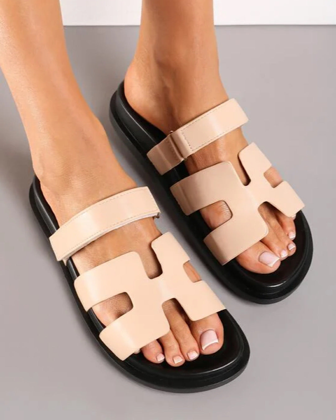 H Shaped Velcro Strap Flat Beige Slider