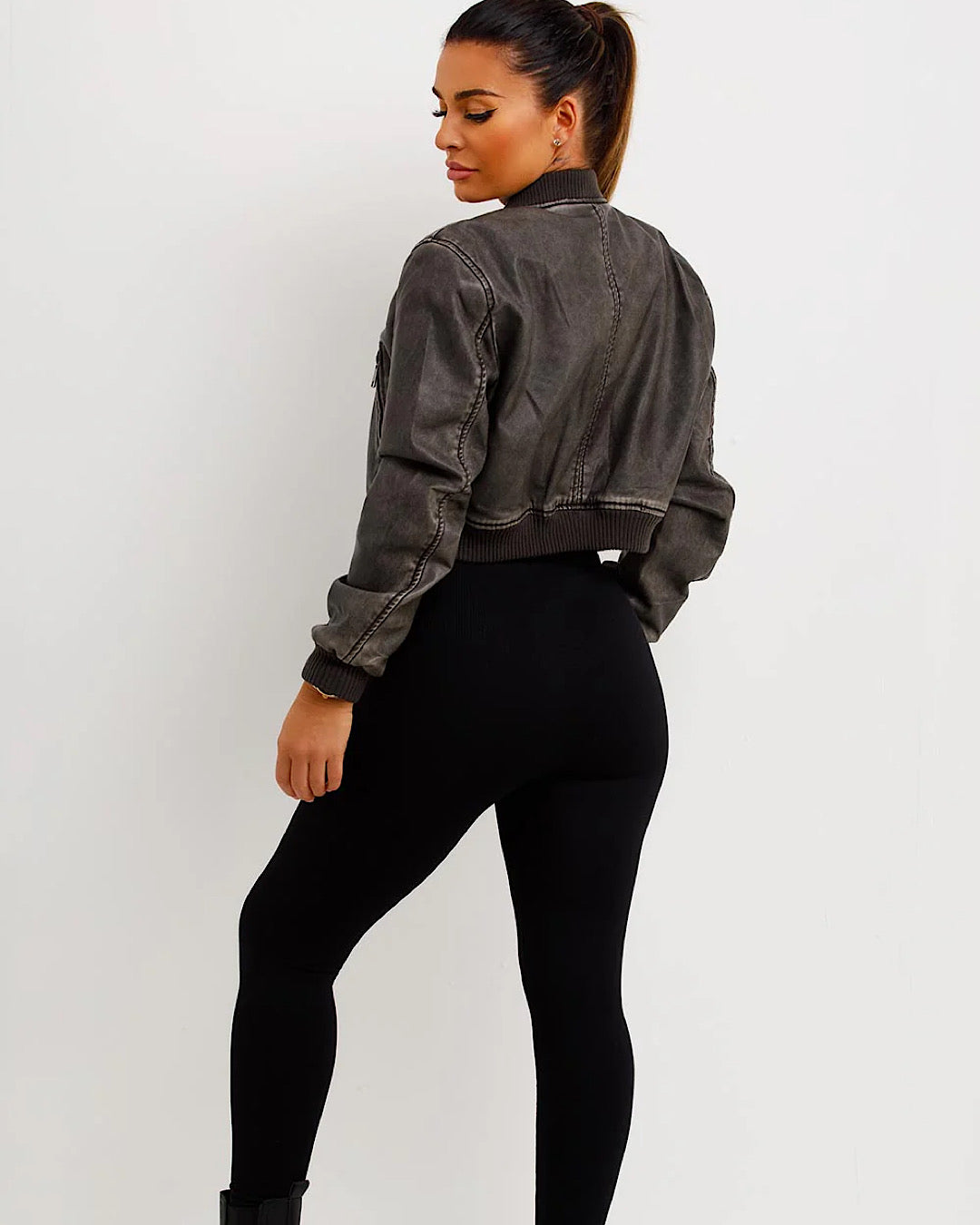 Grey Faux Leather Bomber Jacket