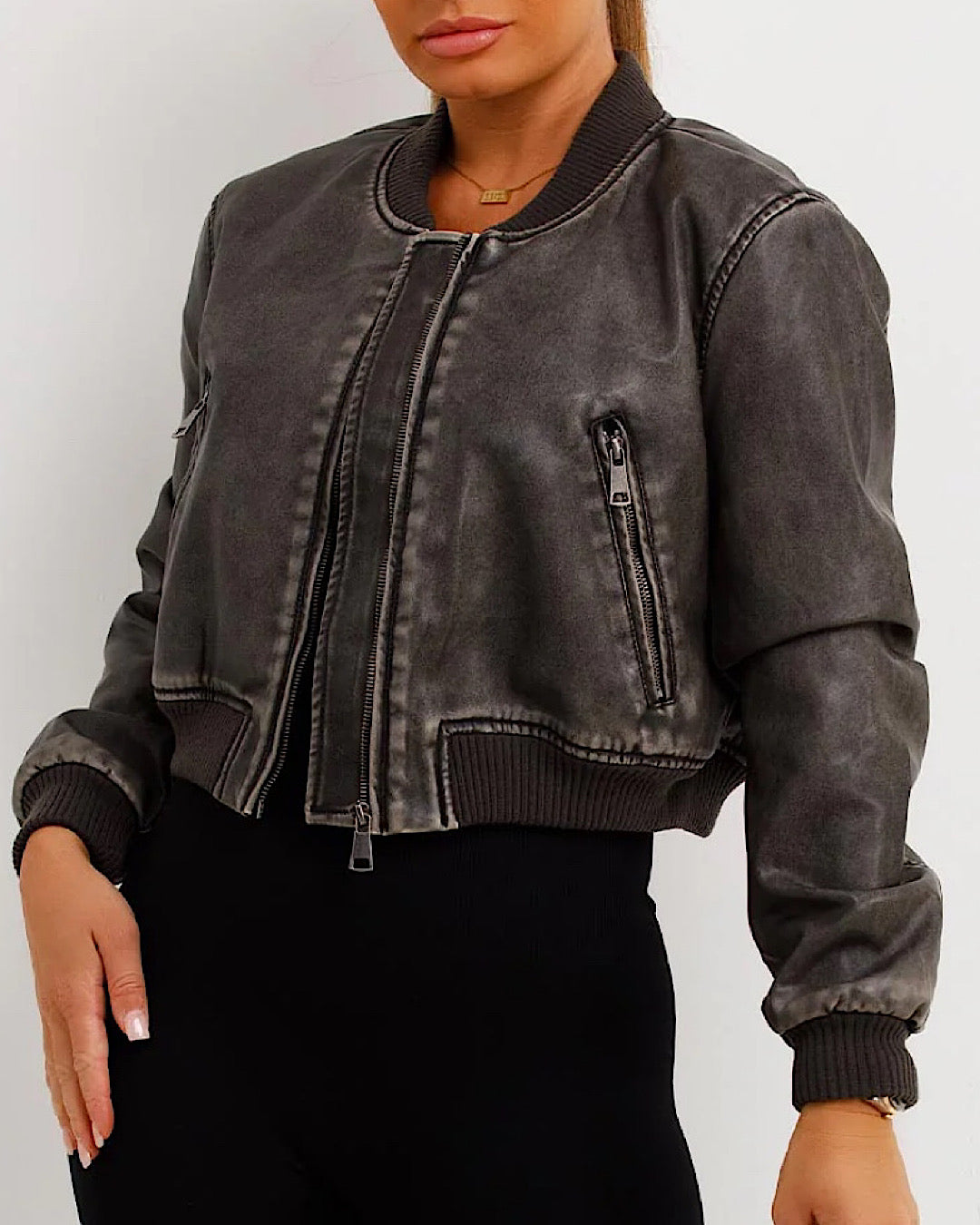 Grey Faux Leather Bomber Jacket
