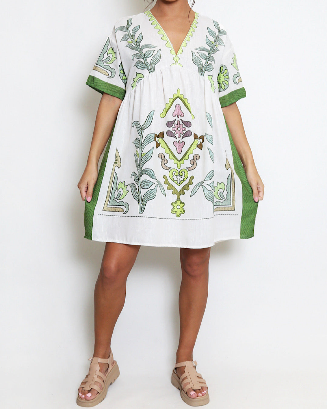 Lime Cream V Neck Smock Dress