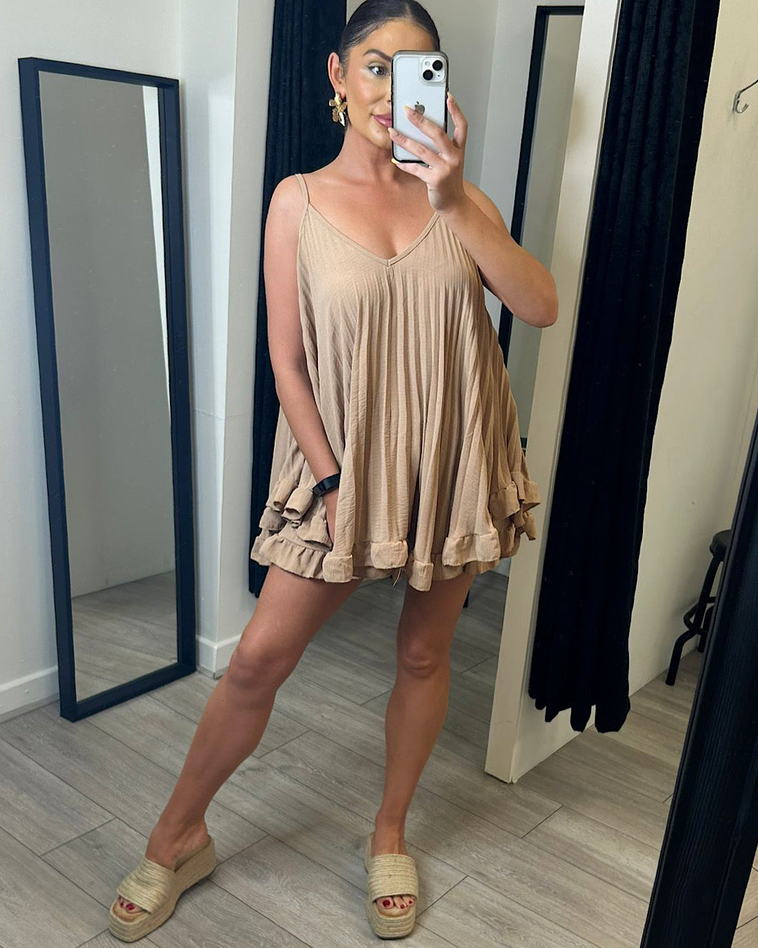 Beige Pleated Top and Shorts Co Ord Suit