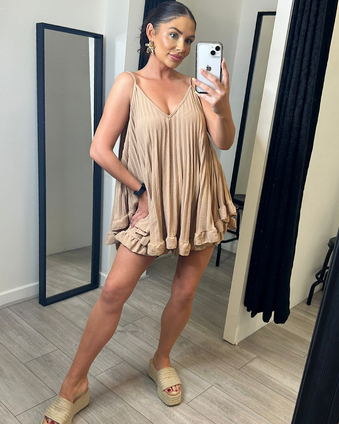 Beige Pleated Top and Shorts Co Ord Suit
