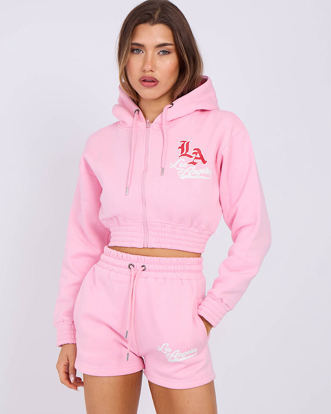 Baby Pink LA Zip Hoody and Shorts Suit