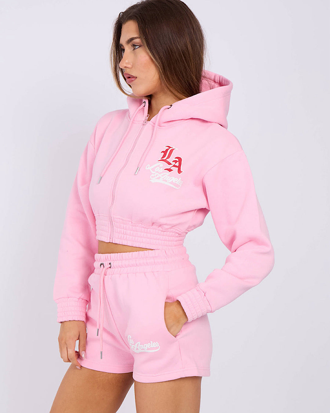 Baby Pink LA Zip Hoody and Shorts Suit