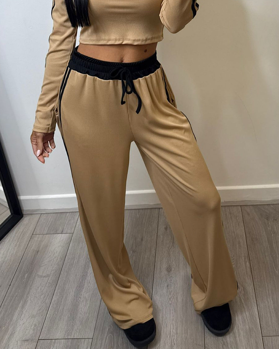 Camel Ribbed Suit with Stripe