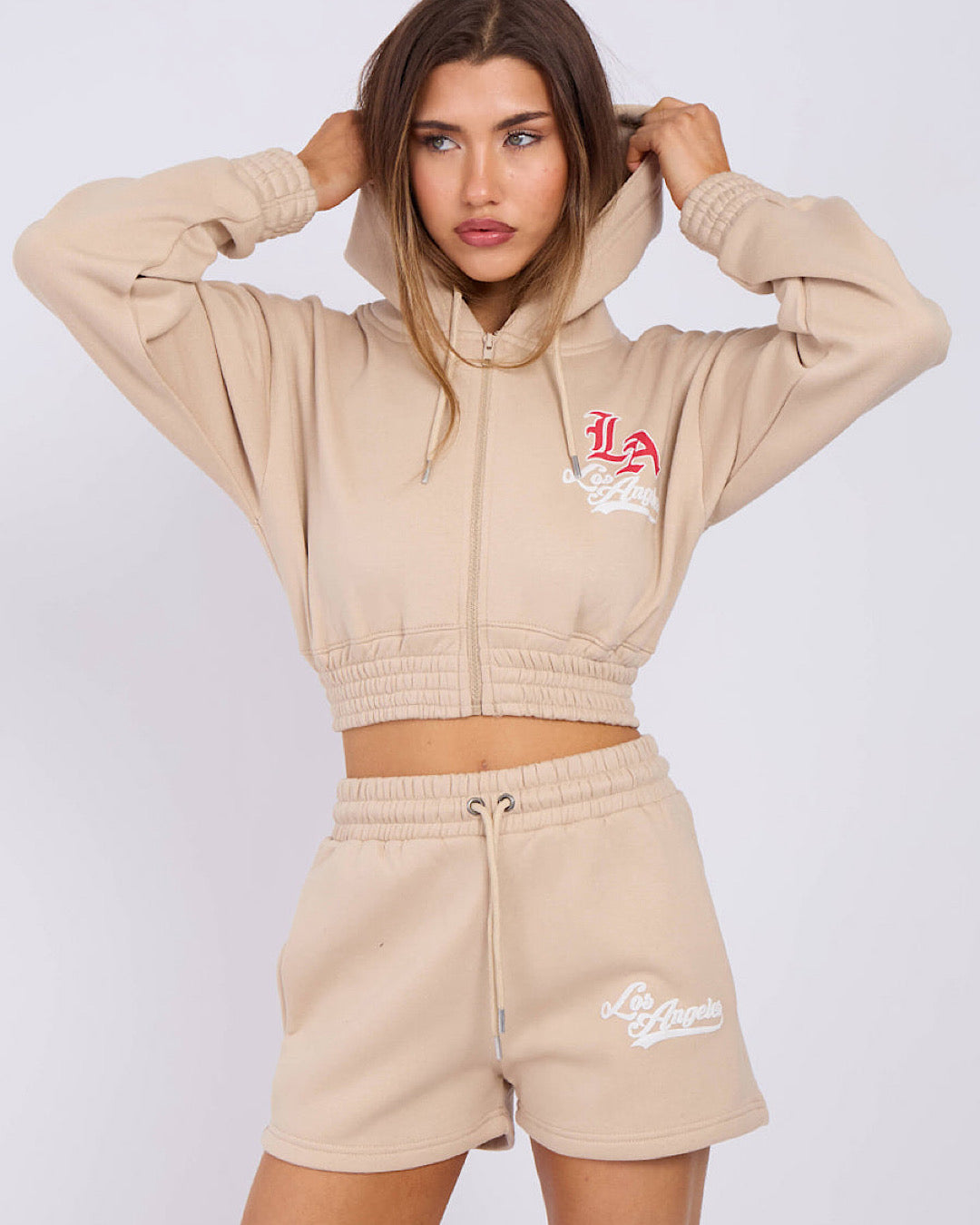 Beige LA Zip Hoody and Shorts Suit