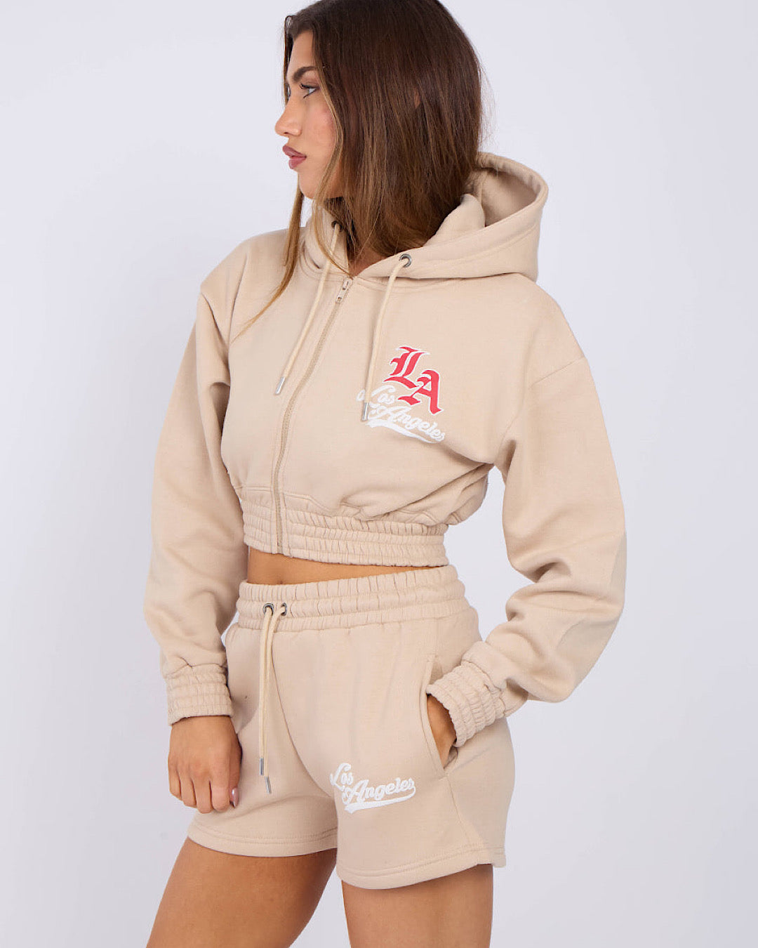 Beige LA Zip Hoody and Shorts Suit