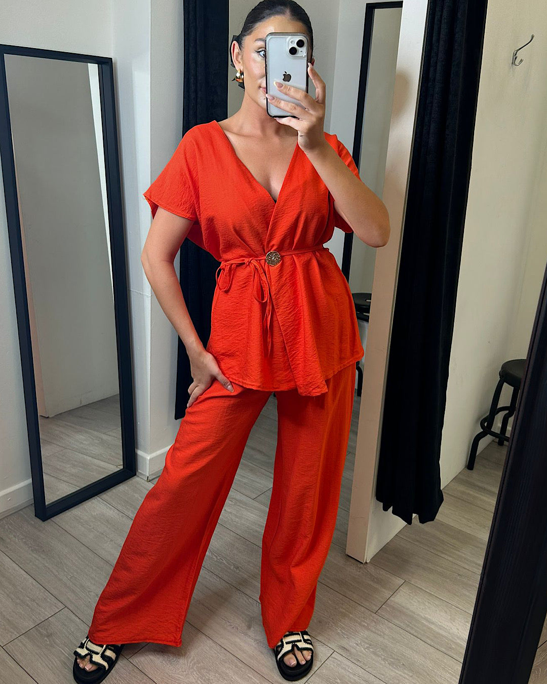 Orange Wrap Top and Trousers Suit