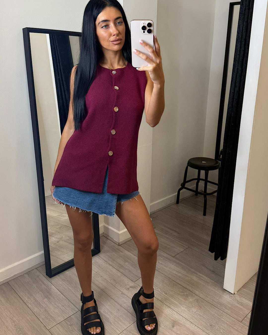 Burgundy Knit Vest Top with Gold Buttons