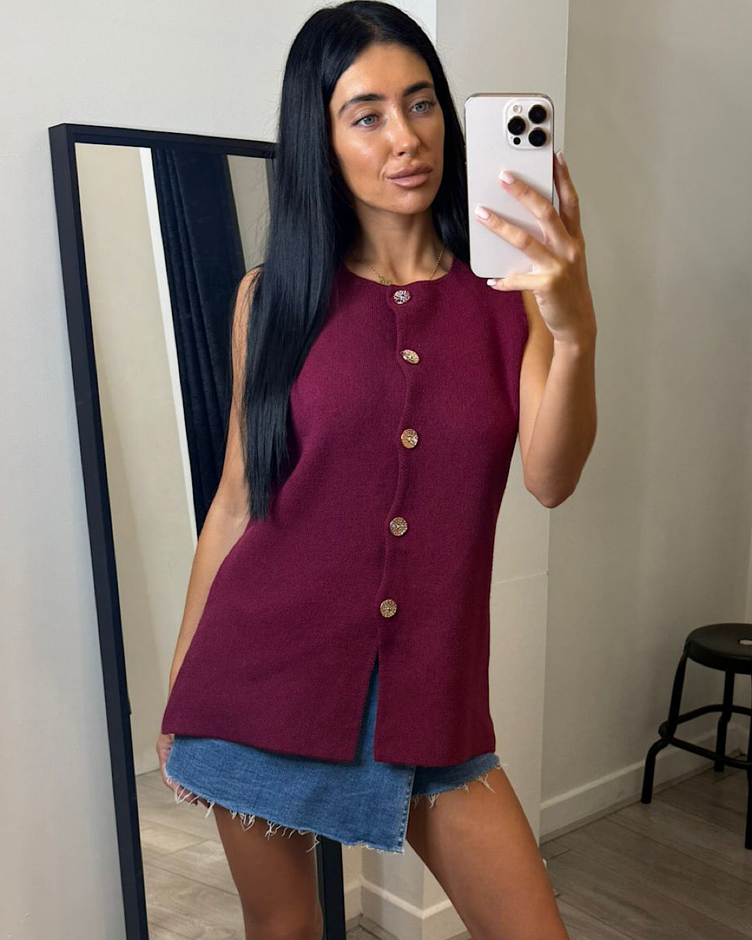Burgundy Knit Vest Top with Gold Buttons