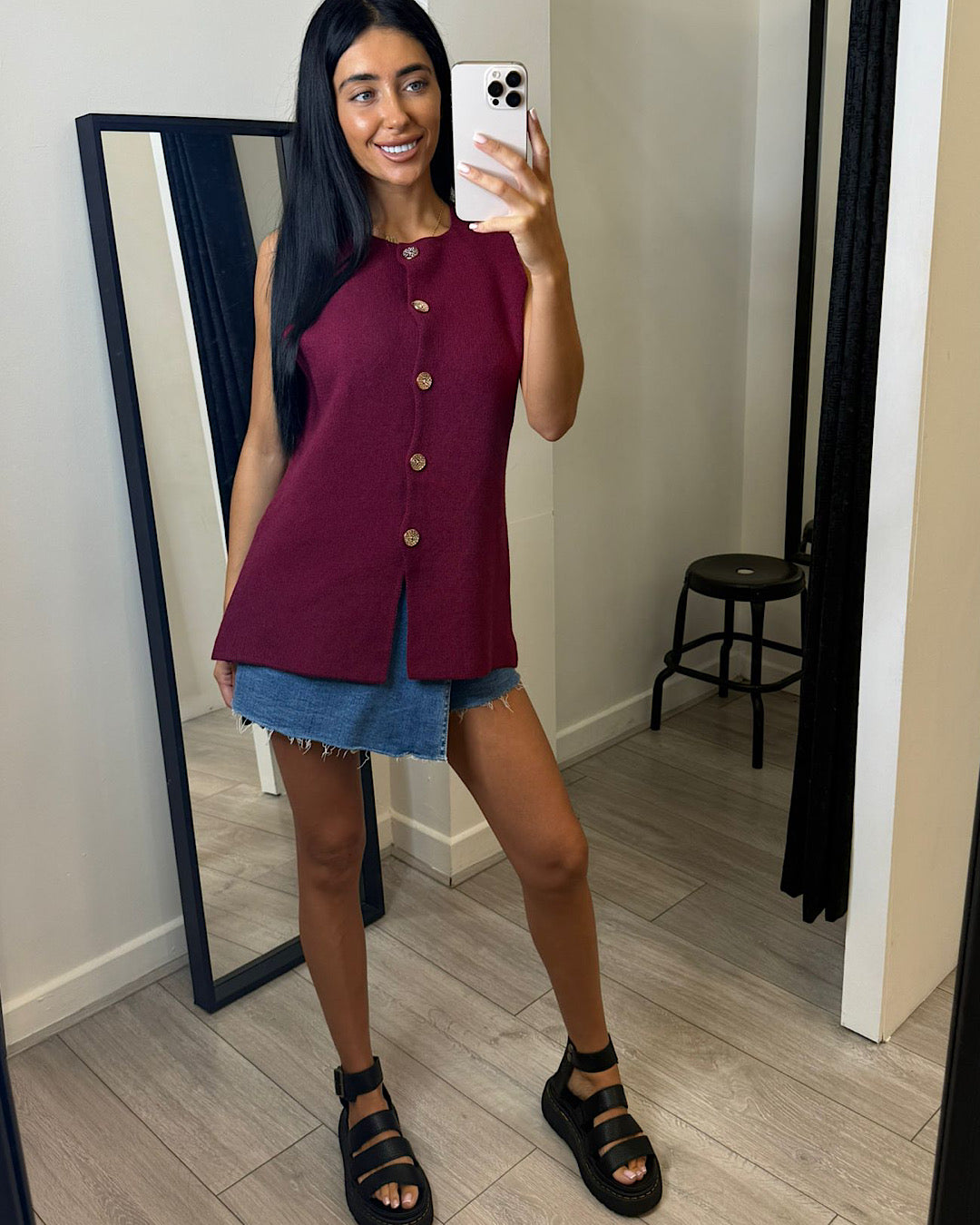 Burgundy Knit Vest Top with Gold Buttons