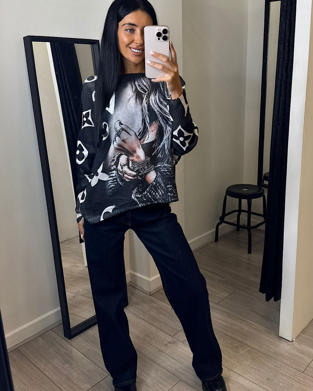Girl Print Black Fine Knit Top