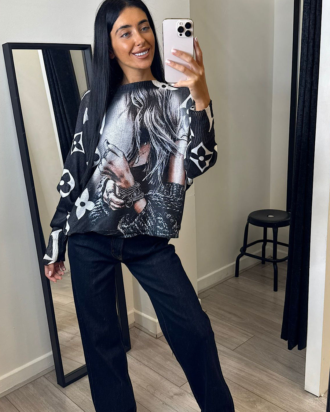 Girl Print Black Fine Knit Top