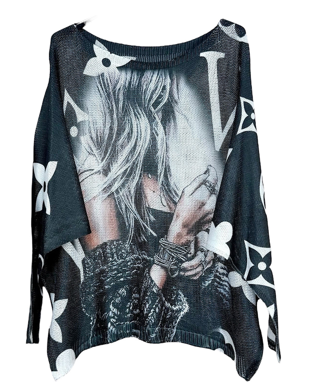 Girl Print Black Fine Knit Top