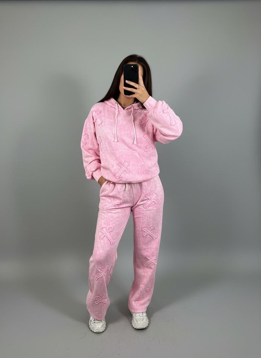 Hooded Pink Acid Wash Cross Suit