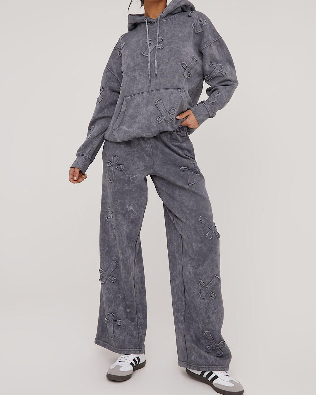 Hooded Grey Acid Wash Cross Suit