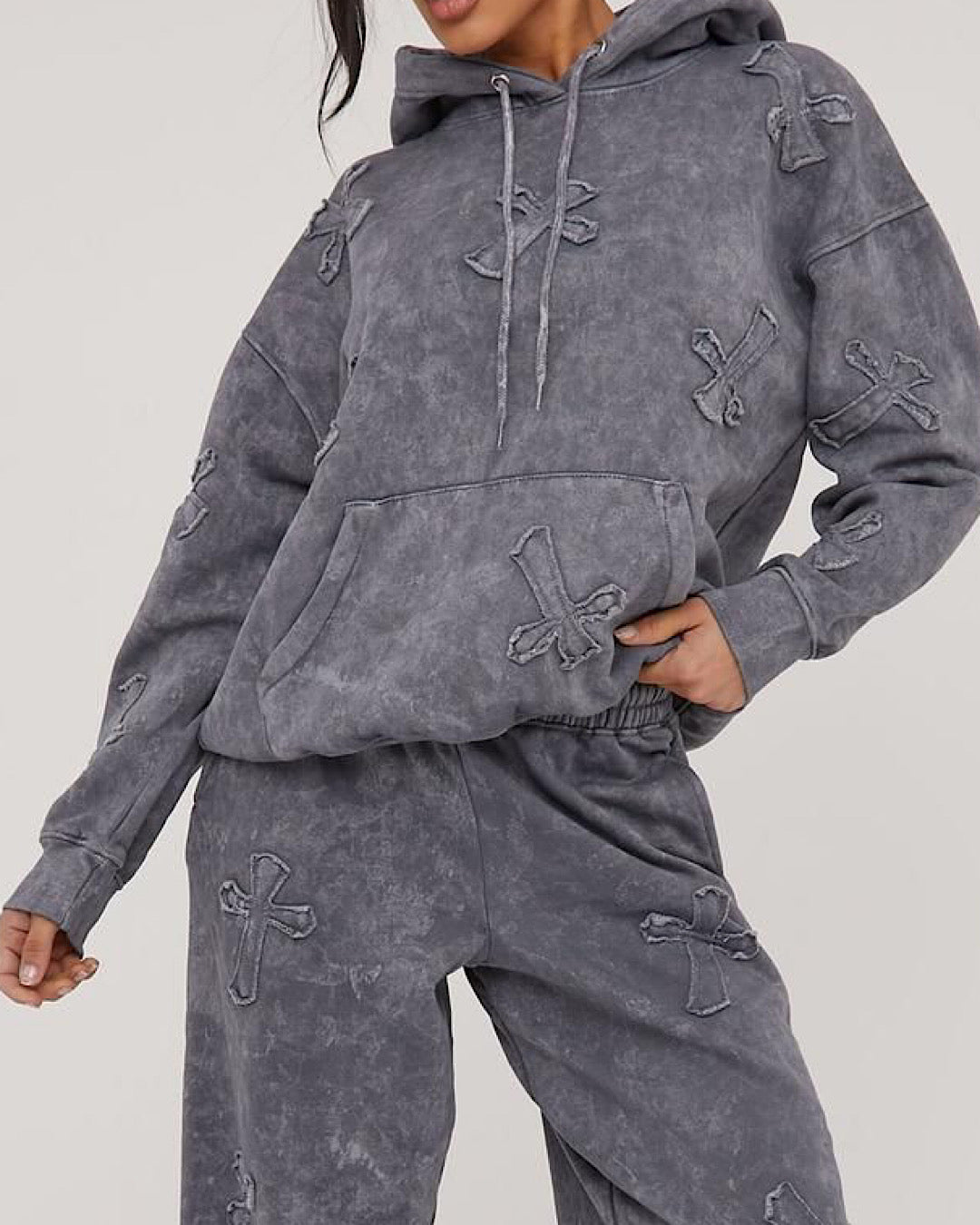 Hooded Grey Acid Wash Cross Suit