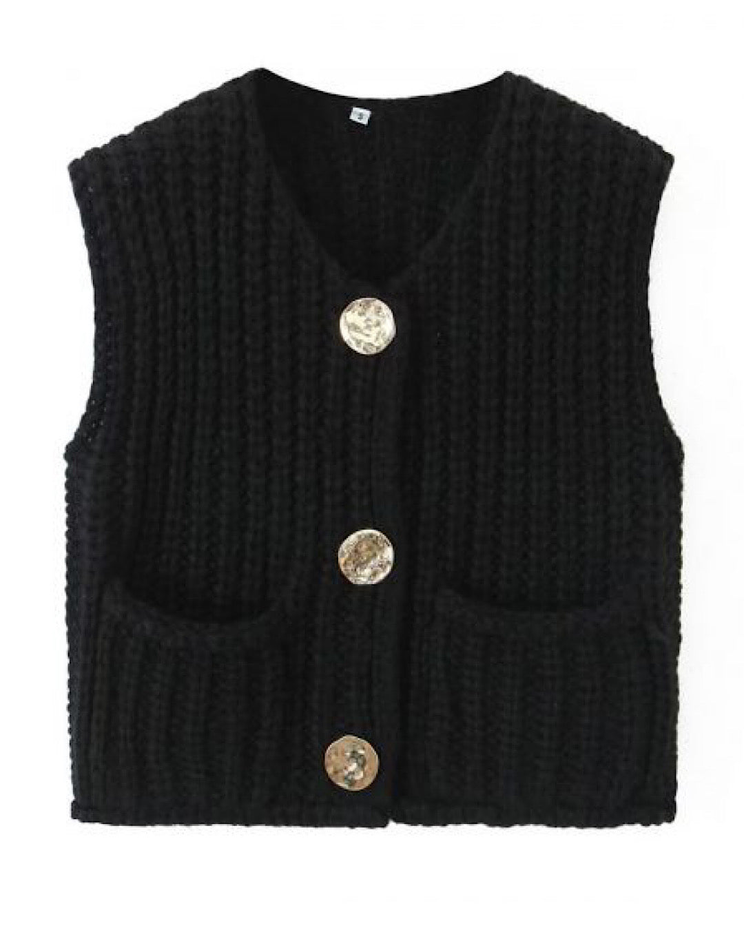 Black Chunky Knit Vest with Gold Buttons