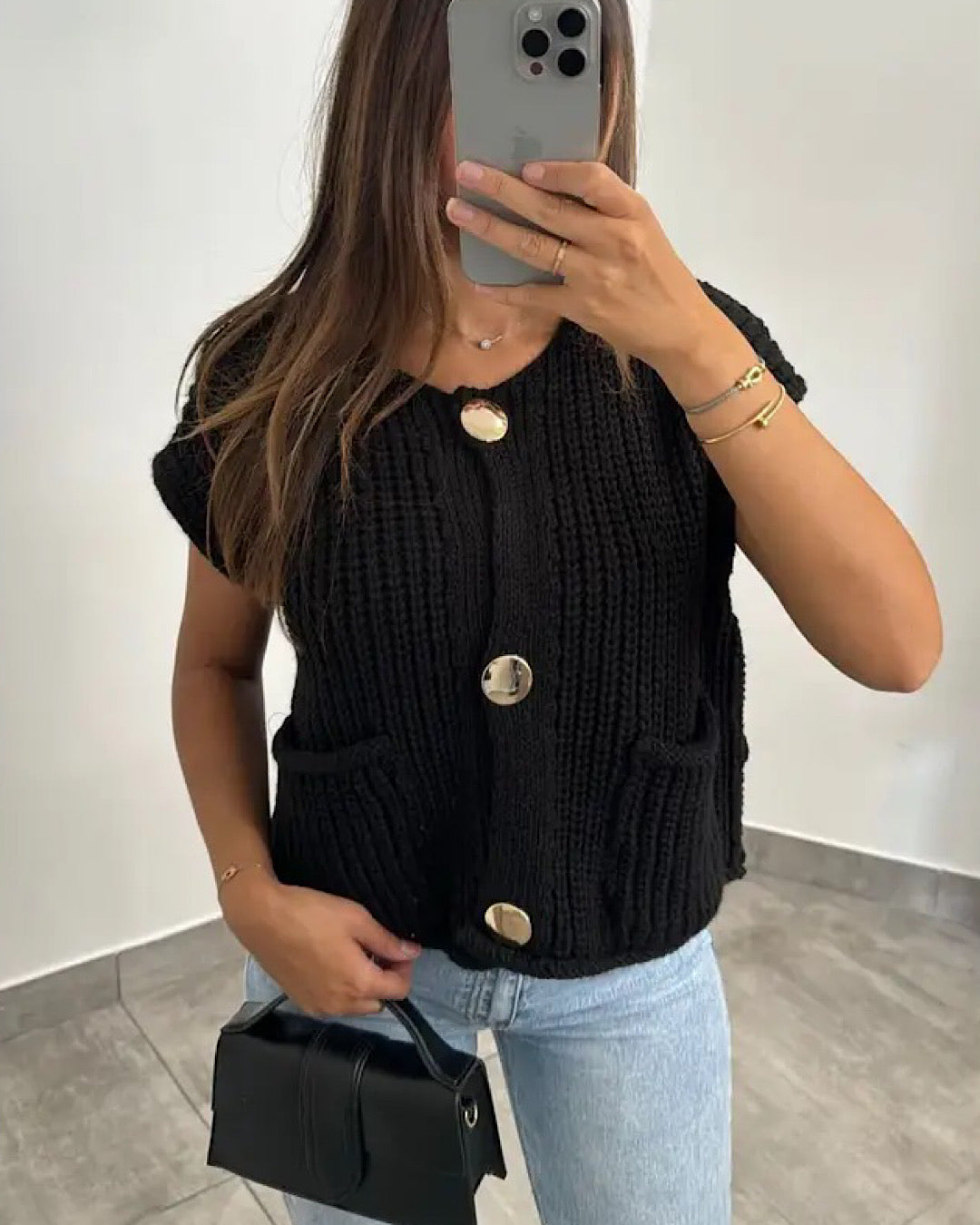 Black Chunky Knit Vest with Gold Buttons