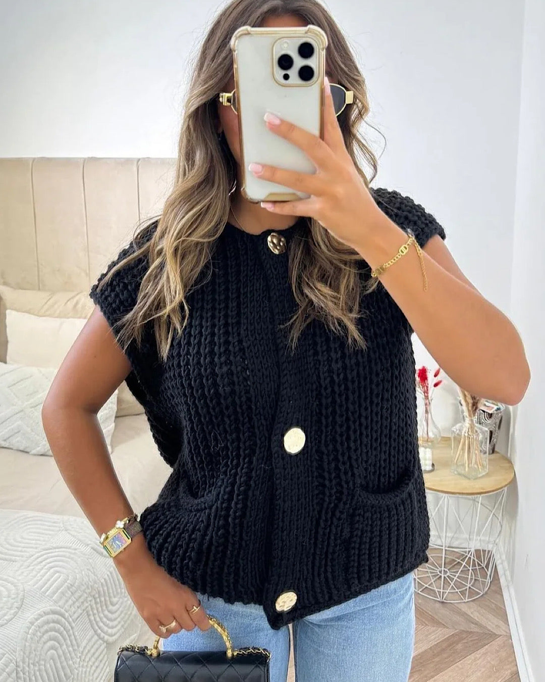 Black Chunky Knit Vest with Gold Buttons