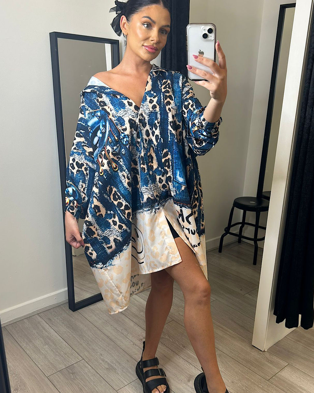 Blue with Leopard Oversized Shirt Dress
