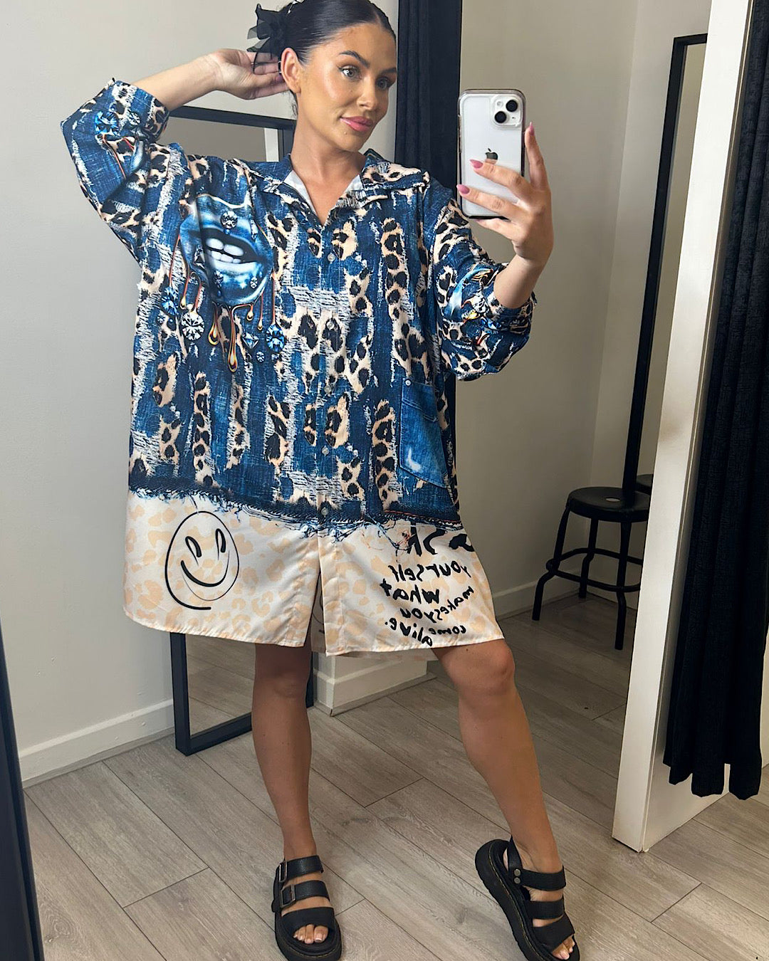 Blue with Leopard Oversized Shirt Dress