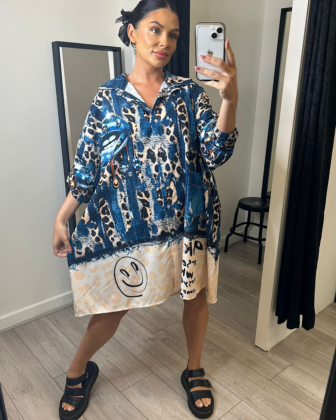 Blue with Leopard Oversized Shirt Dress