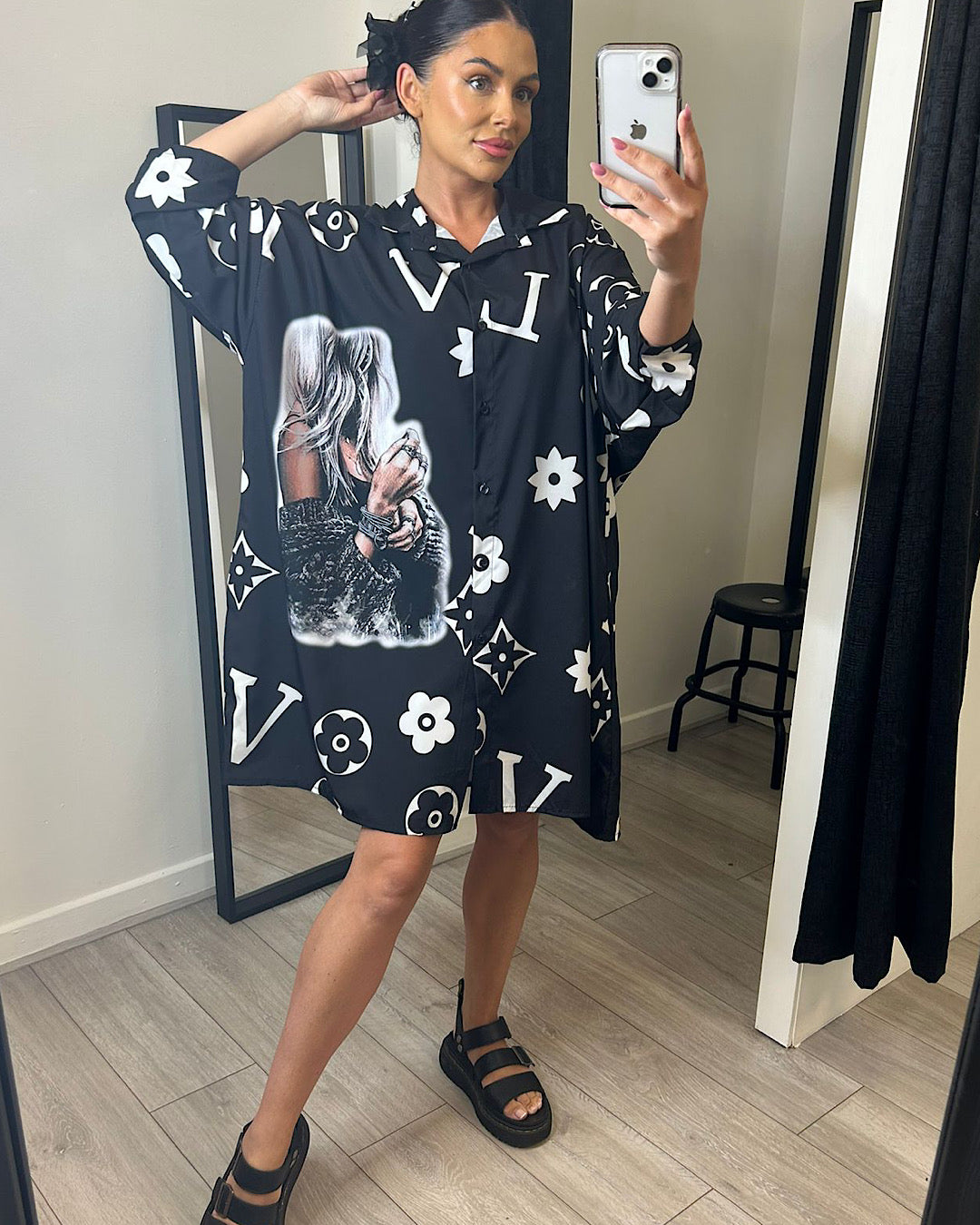Black with White Oversized Shirt Dress