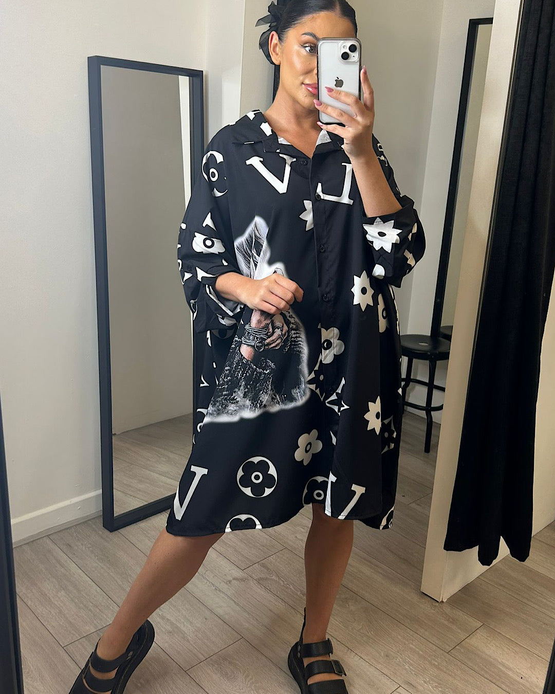 Black with White Oversized Shirt Dress