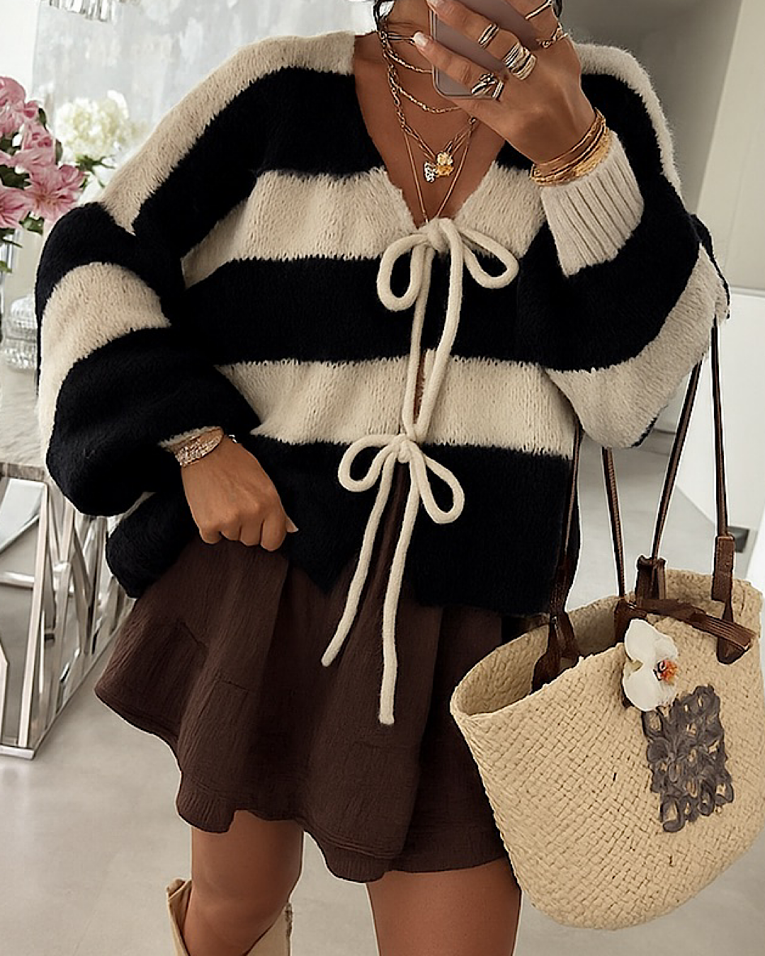 Black and Cream Lace Front Knit Cardigan