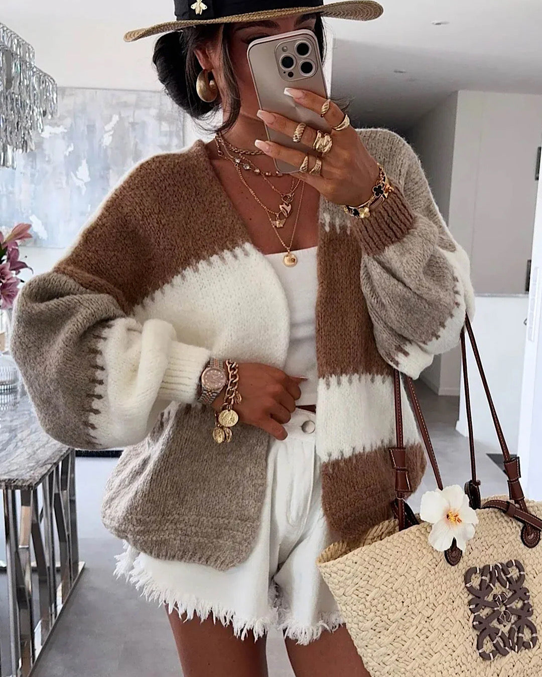 Beige and Chocolate Colour Block Cardigan