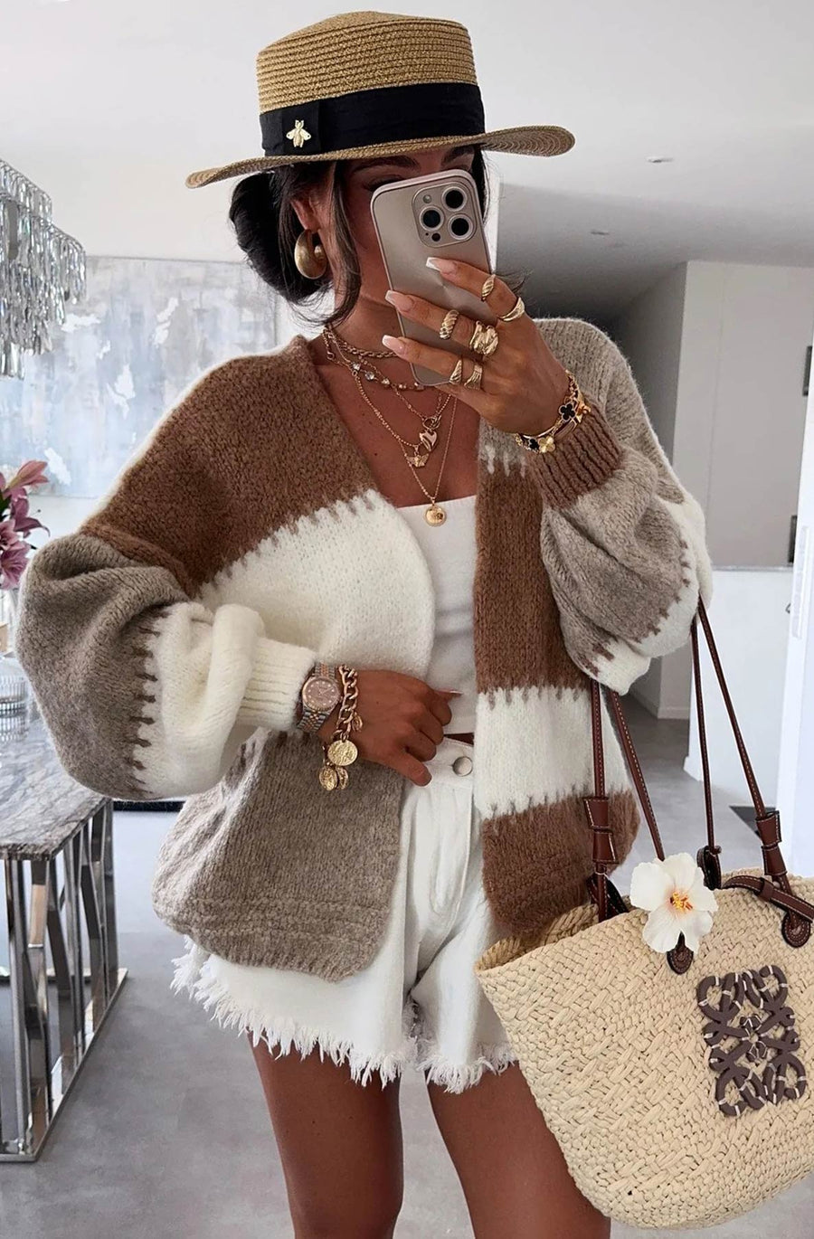 Beige and Chocolate Colour Block Cardigan