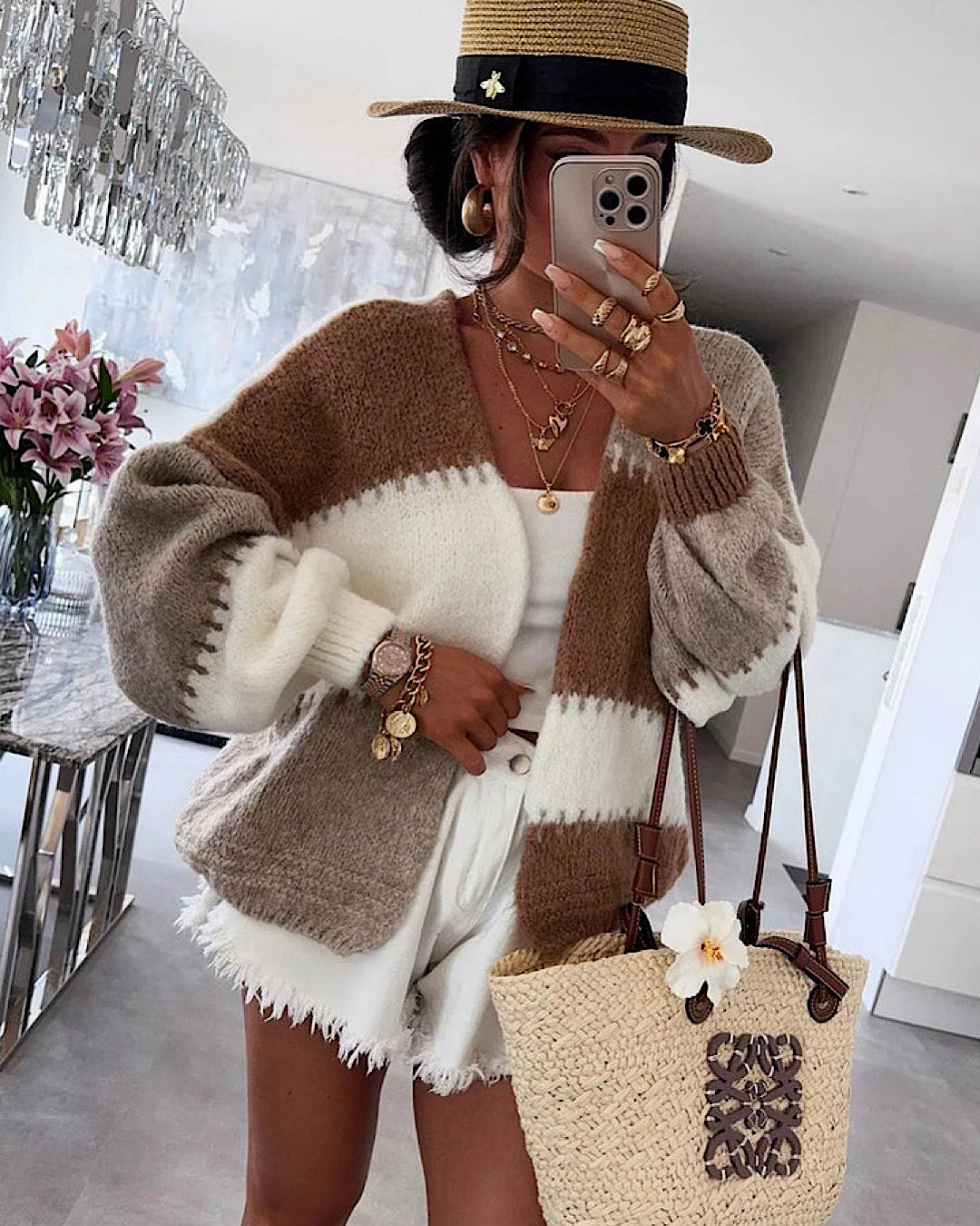 Beige and Chocolate Colour Block Cardigan