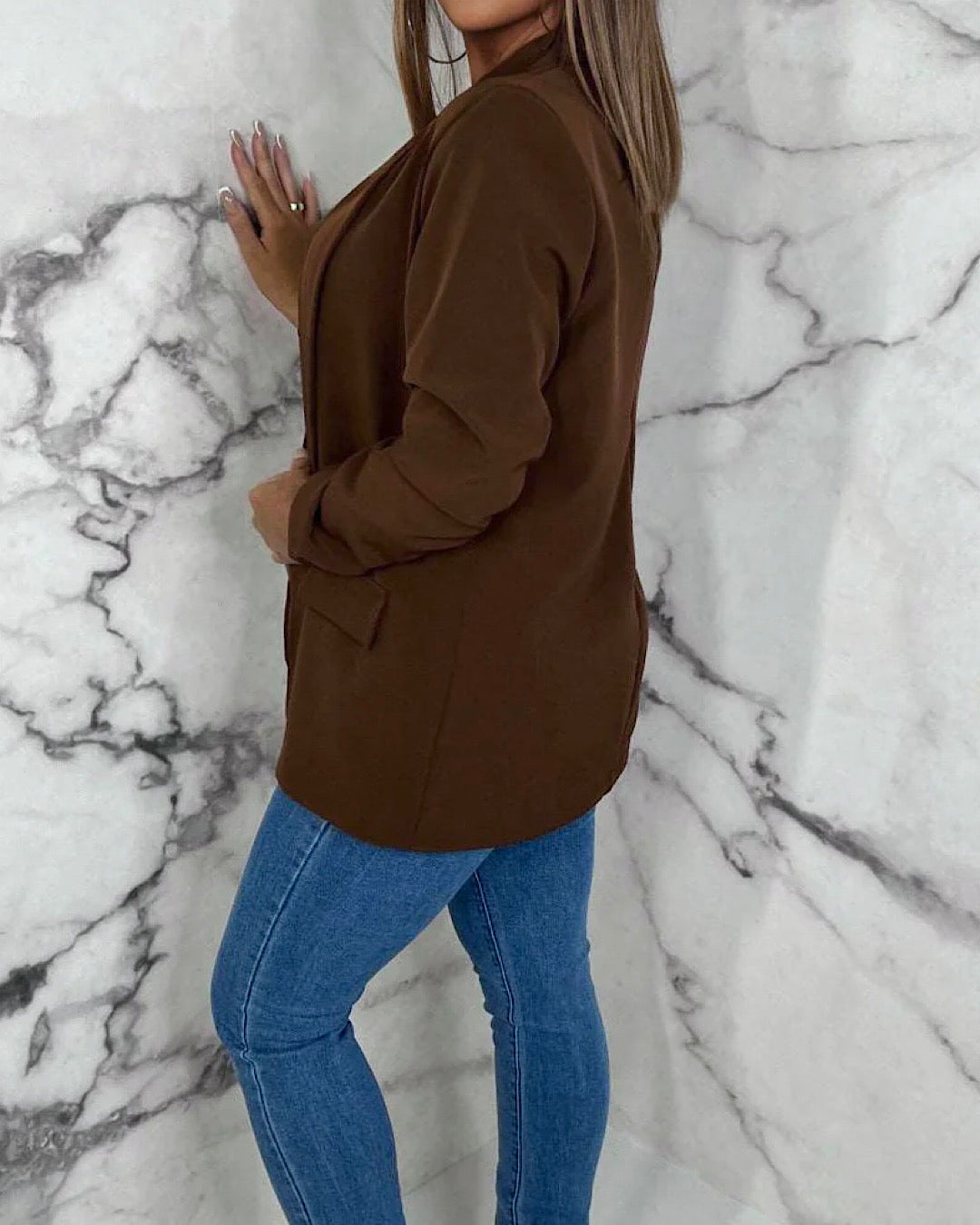 Chocolate Ruched Sleeve Blazer