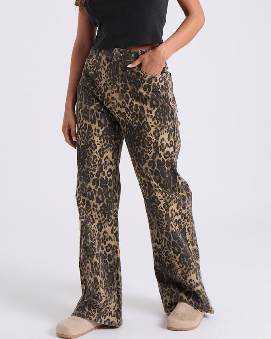 Wide Leg Leopard Print Jeans