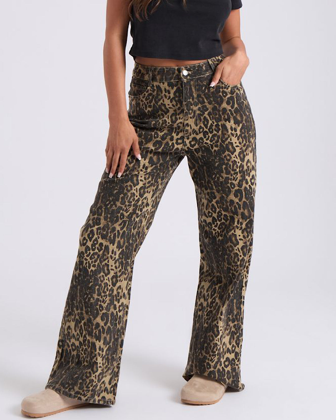 Wide Leg Leopard Print Jeans