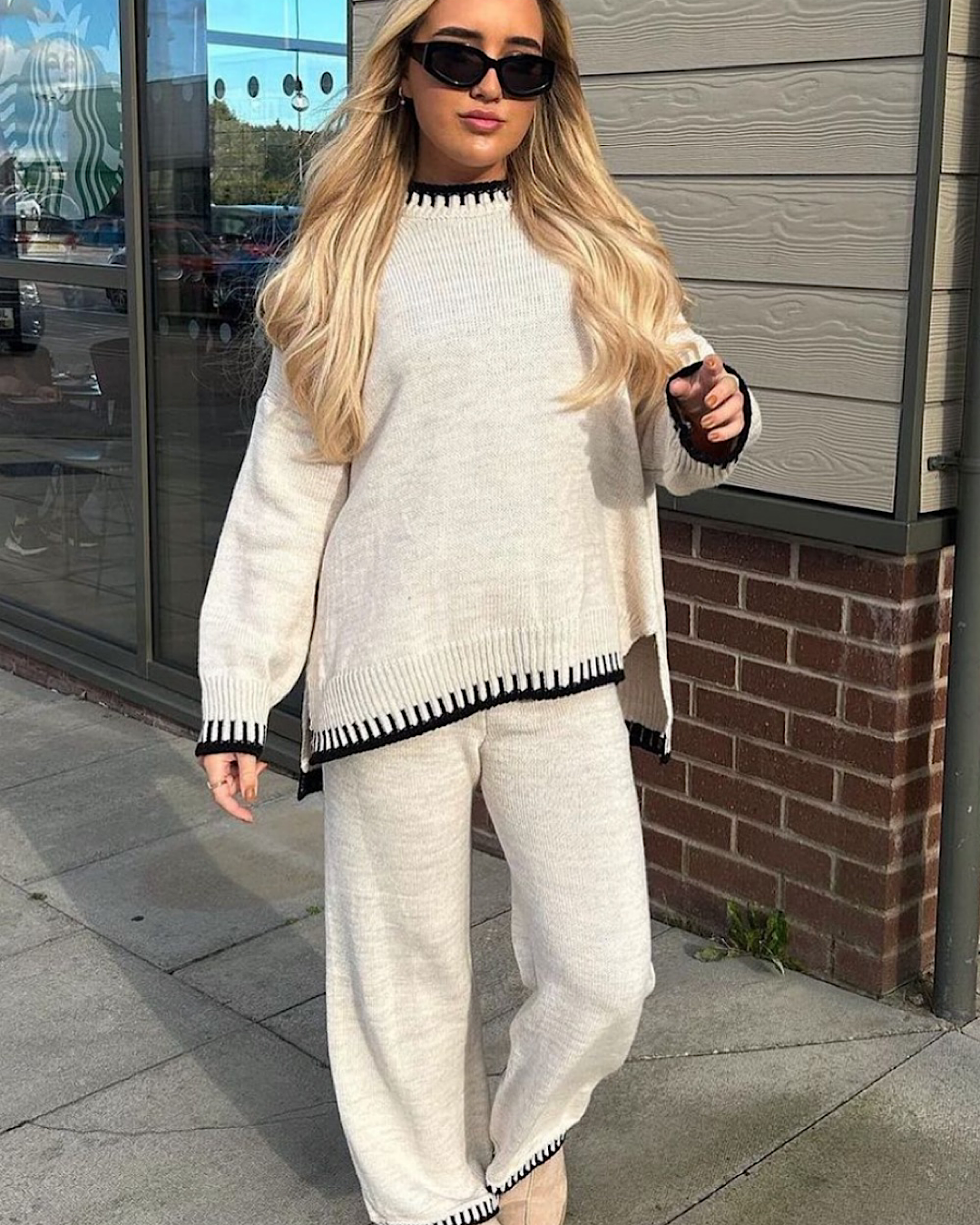 Beige Contrast Stitch Knit Suit