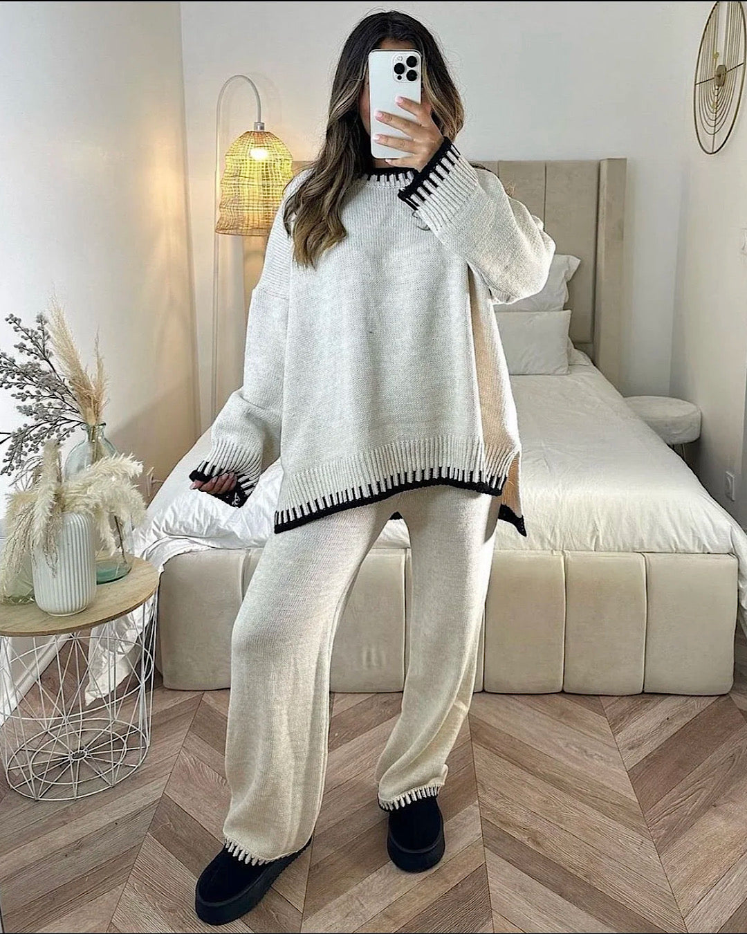 Beige Contrast Stitch Knit Suit