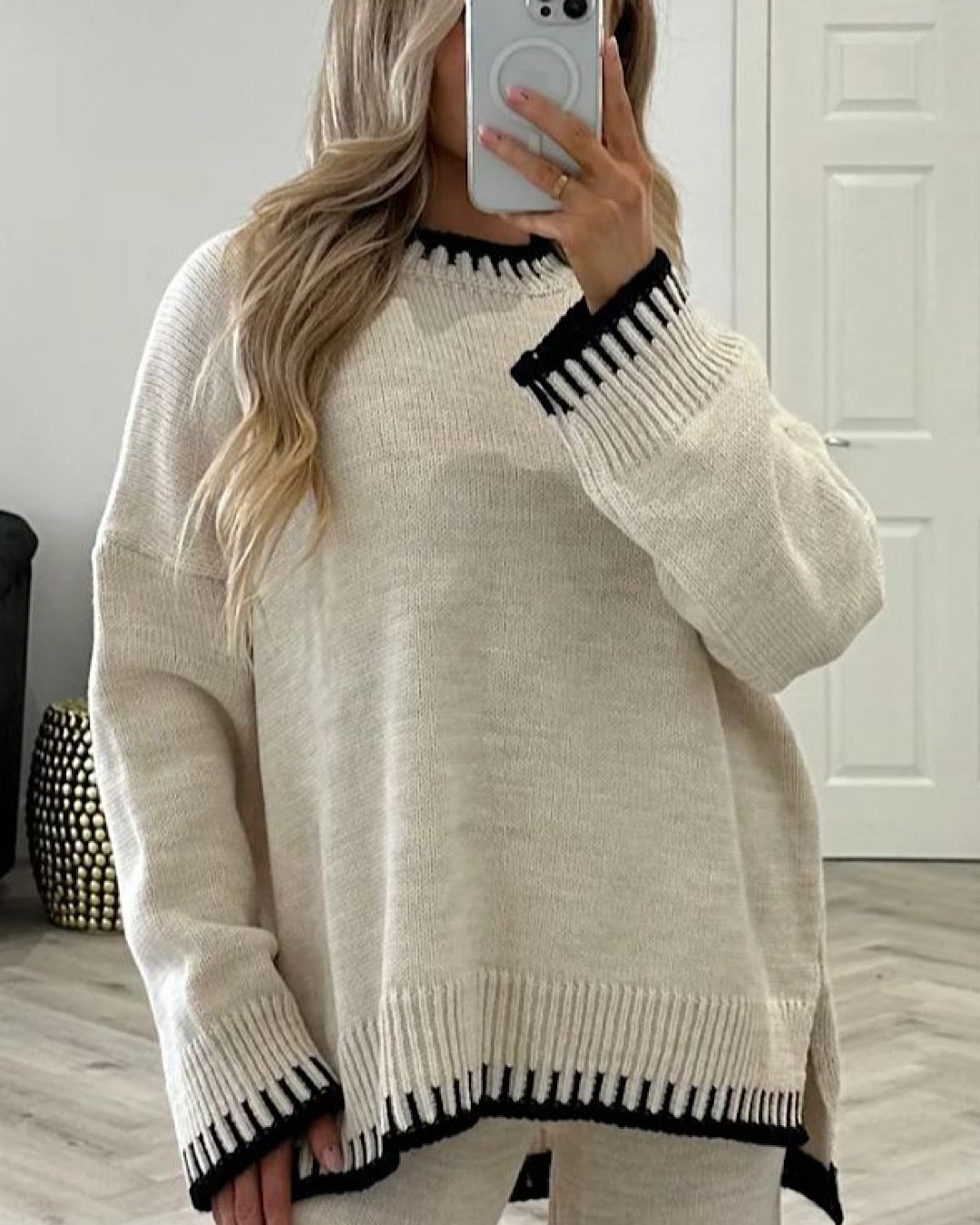 Beige Contrast Stitch Knit Suit