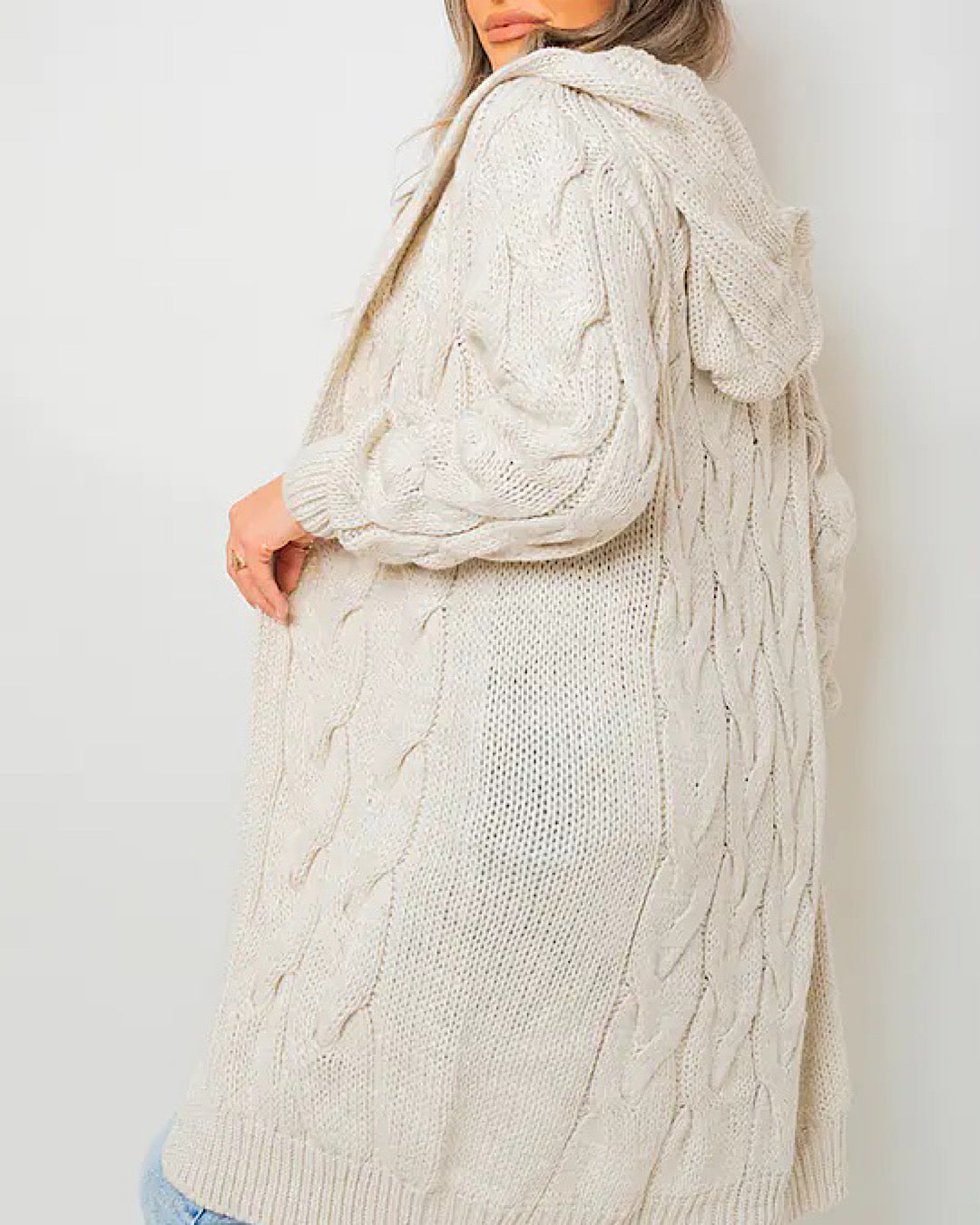 Beige Cable Knit Hood Cardigan