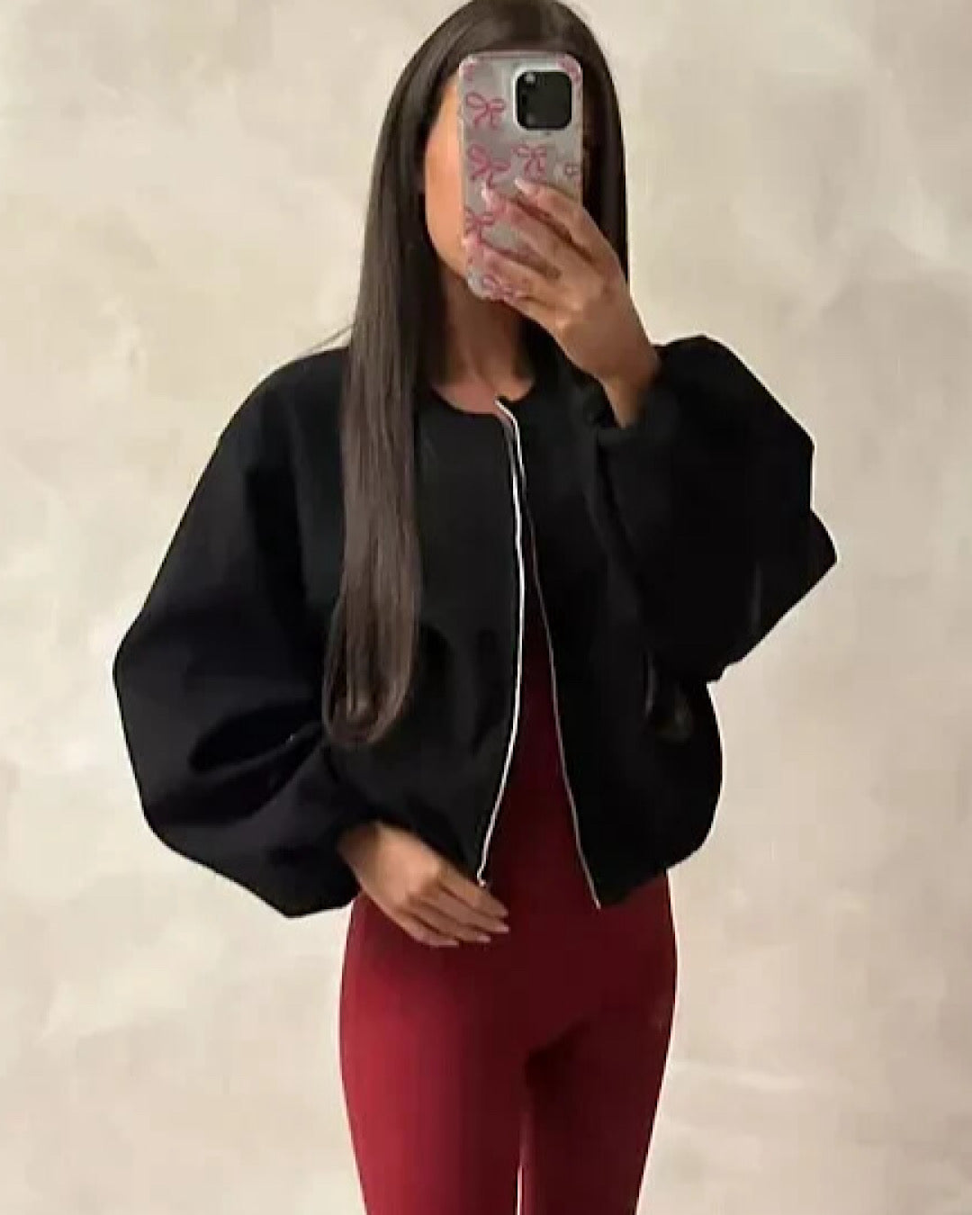 Black Balloon Sleeve Ruched Bomber Jacket