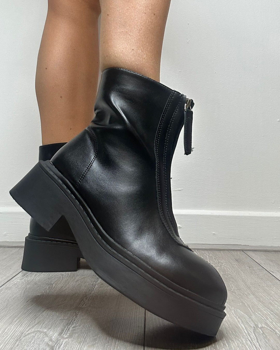 Black Faux Leather Zip Chelsea Boots