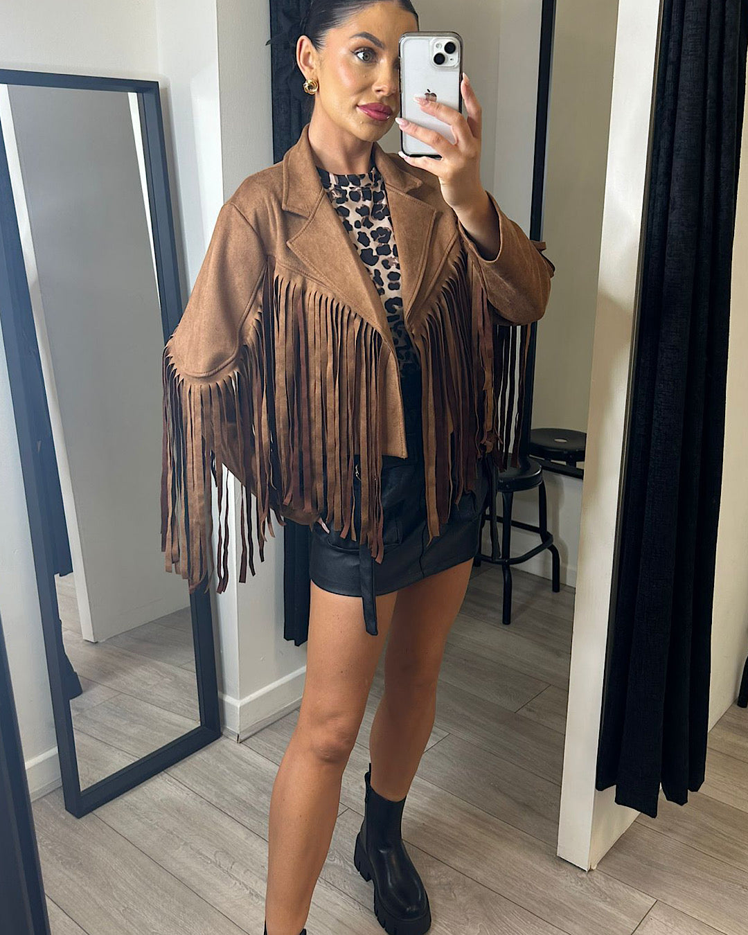 Brown Faux Suede Fringe Jacket