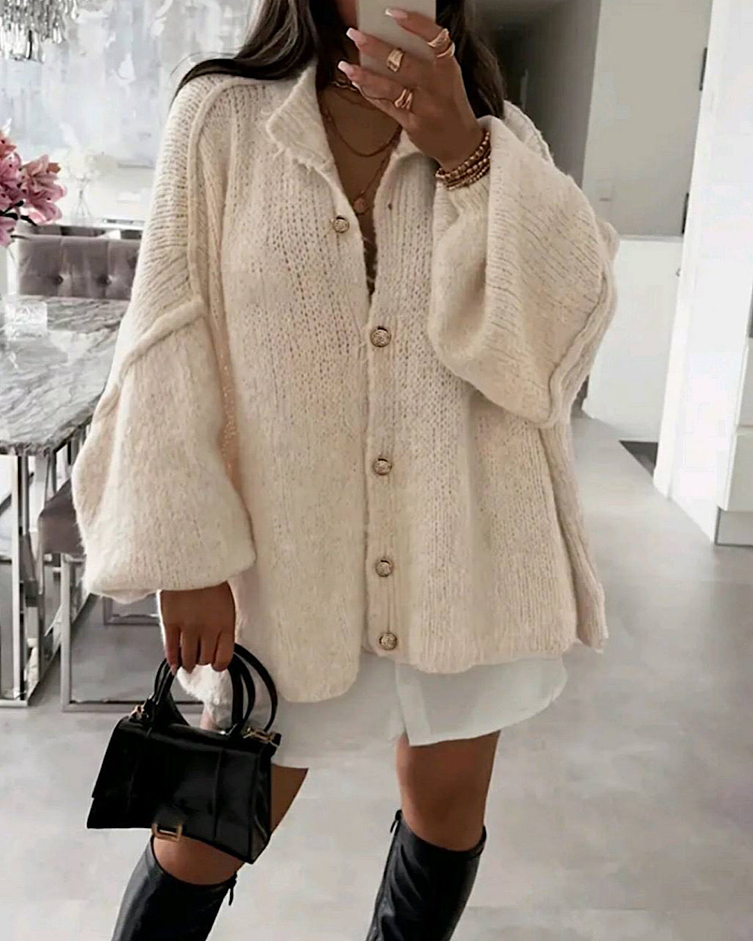 Beige Oversized Cardigan with Gold Buttons