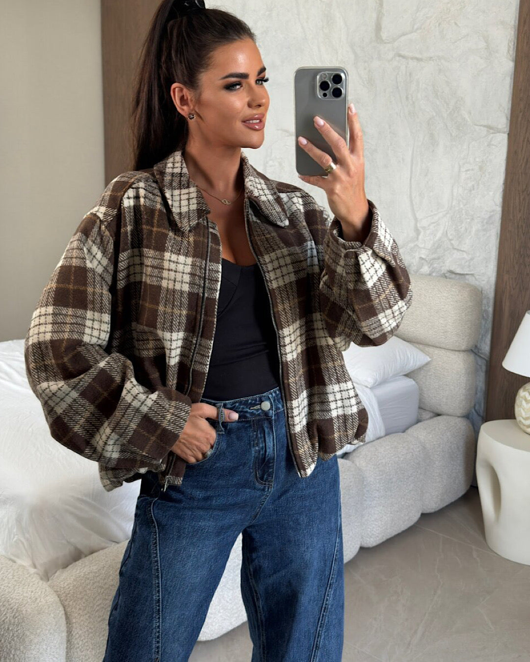 Brown Check Collared Bomber Jacket