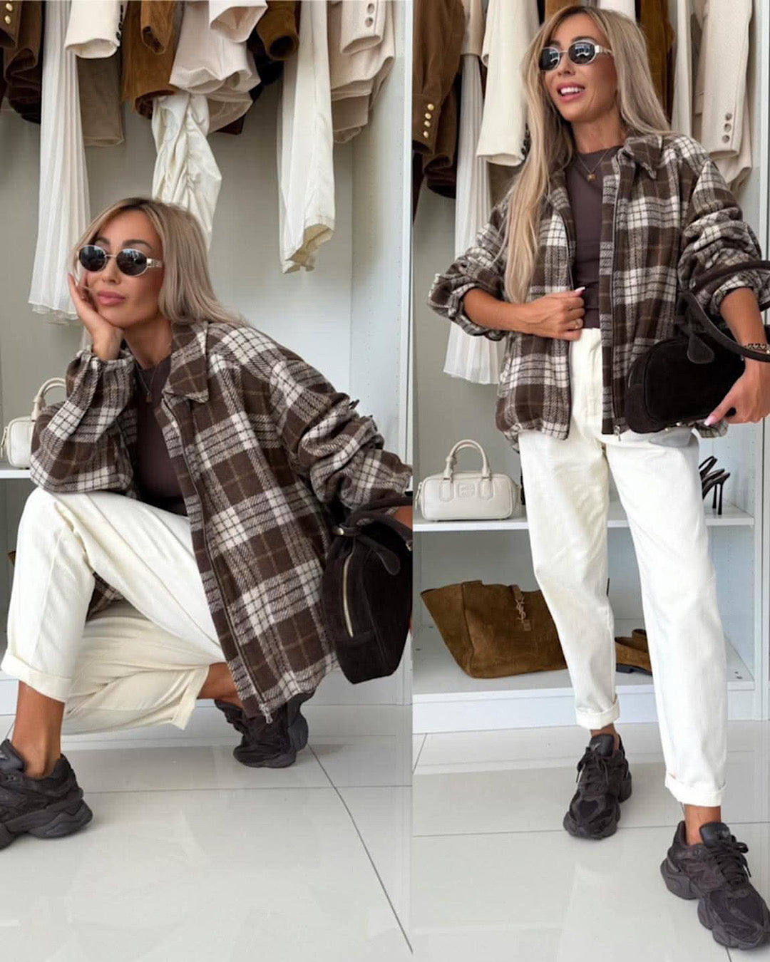 Brown Check Collared Bomber Jacket